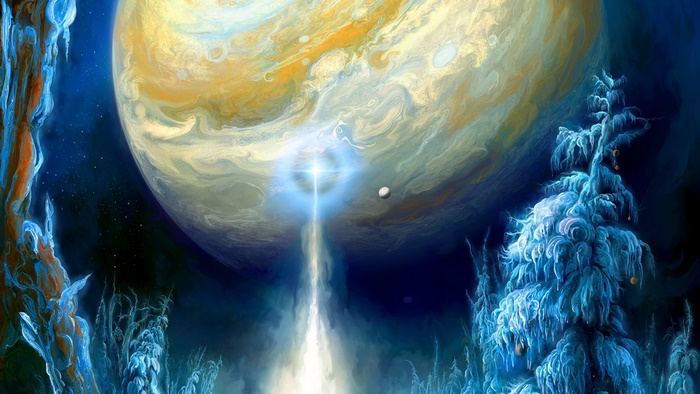 Sci Fi Planet with Ice Trees and Light Beam