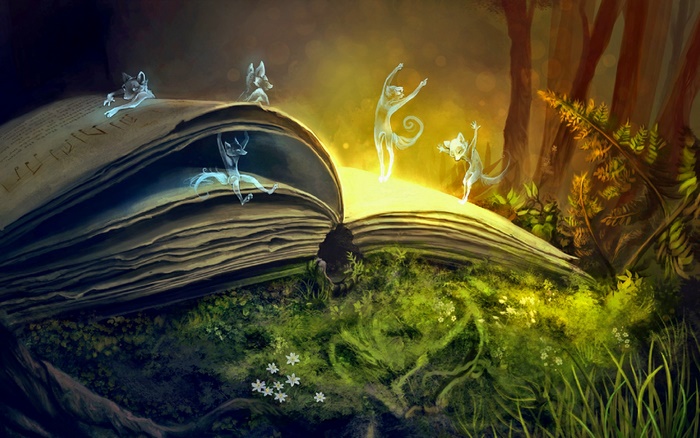 Fantasy Creatures Dancing on an Open Book in a Forest