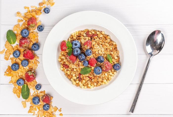Breakfast with Muesli, Strawberries, and Blueberries
