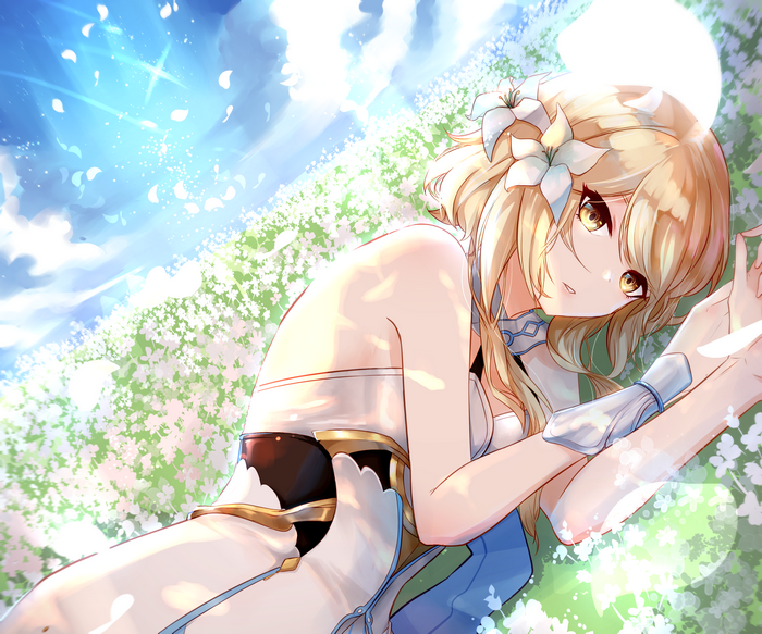 Lumine lying in a field of flowers