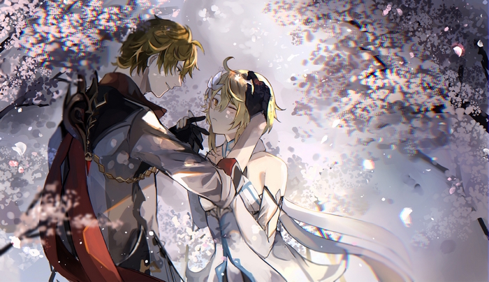 Tartaglia and Lumine in Cherry Blossom Light