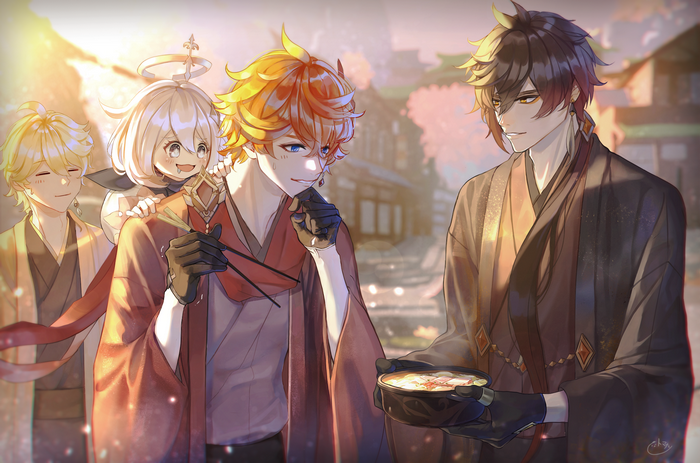 Genshin Impact: Tartaglia, Zhongli, Paimon, and Aether