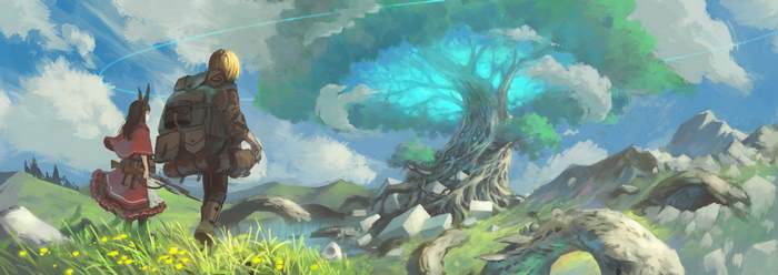 Girl with backpack and companion near a glowing tree