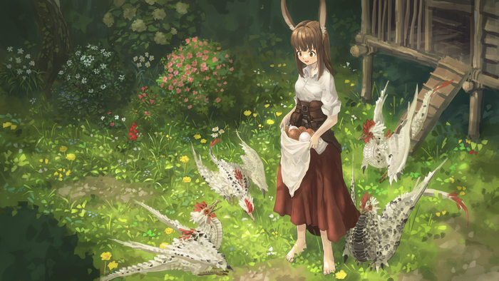 Girl with animal ears and cockatrices in a garden