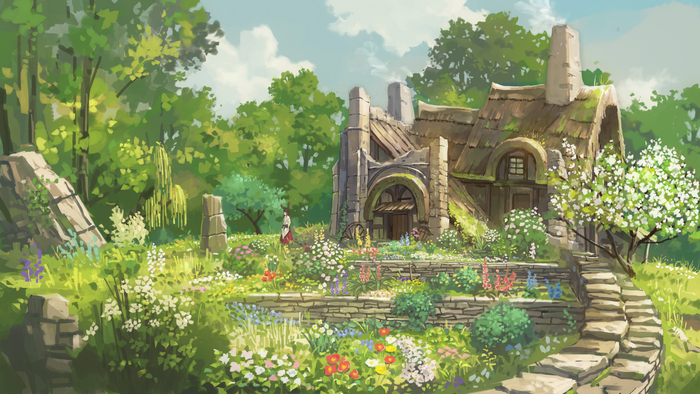 A quaint cottage surrounded by a vibrant flower garden