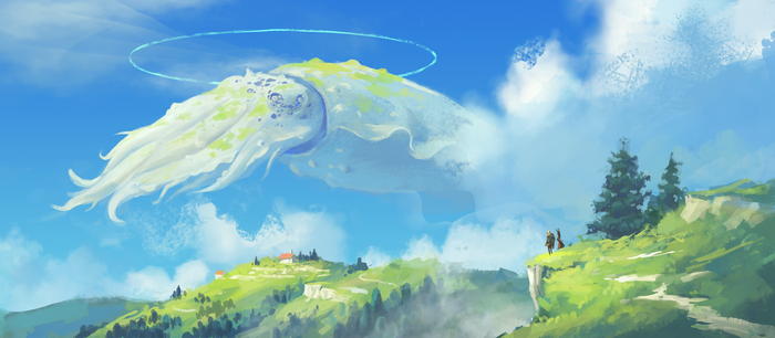 Giant Squid in the Sky Over Rolling Hills