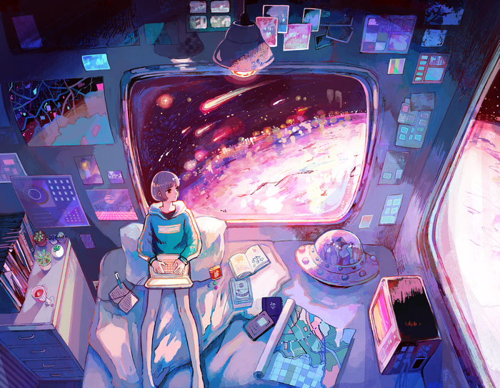 Girl looking out a spaceship window at a nebula