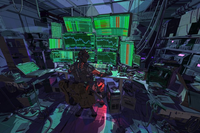 Man in futuristic gear at a computer with multiple monitors