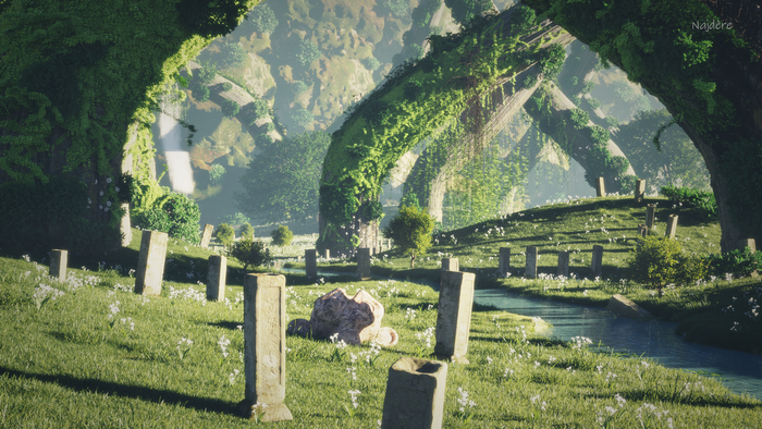 Overgrown ruins with a stream and gravestones