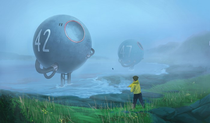 Boy throwing ball at floating spheres numbered 42 and 47