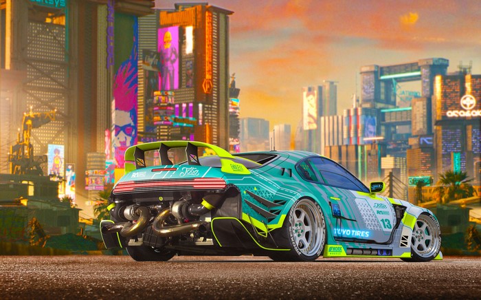Cyberpunk Toyota Supra in a futuristic city