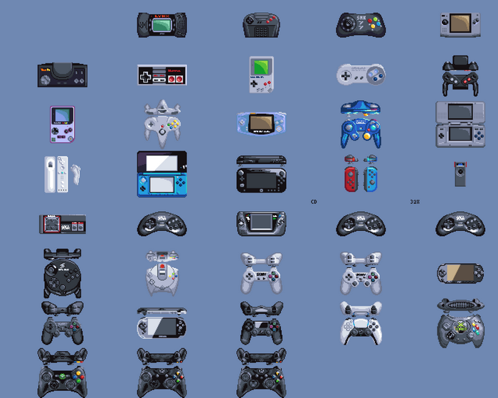 Pixel art collection of video game controllers and consoles