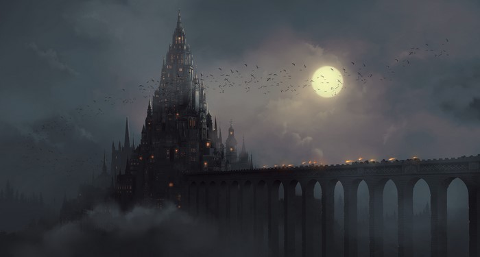 Fantasy Castle in Fog with Moon and Birds