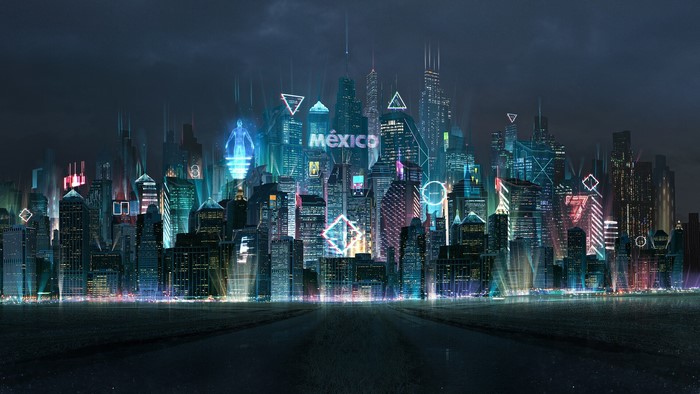 Neon Mexico City Skyline with Holographic Symbols