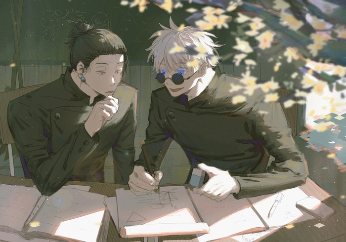 Satoru Gojo and Suguru Geto studying