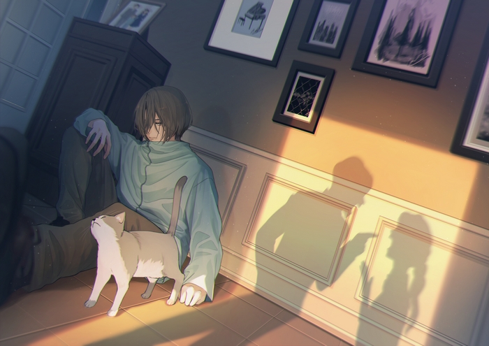 Boy and cat in a room with framed pictures