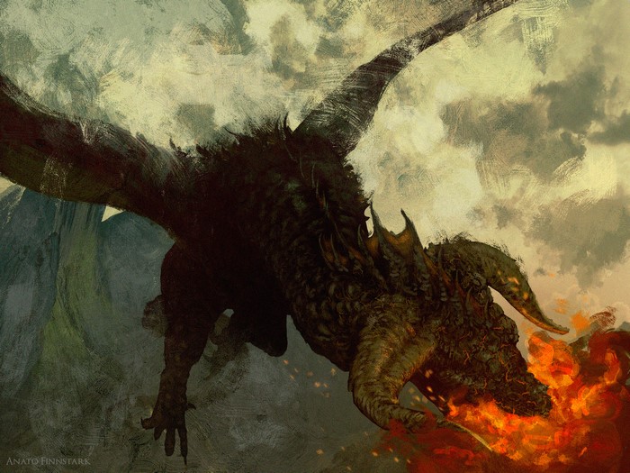 Dragon breathing fire in a cloudy sky