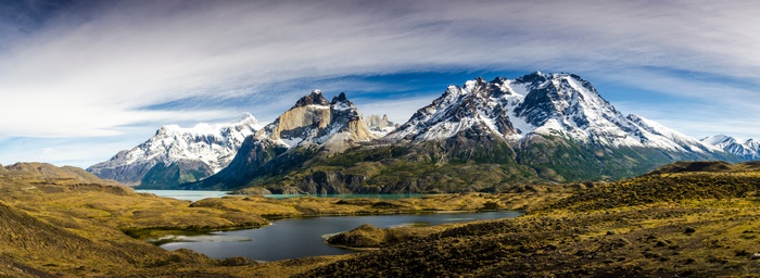Torres del Paine National Park landscape with mountains and lakes