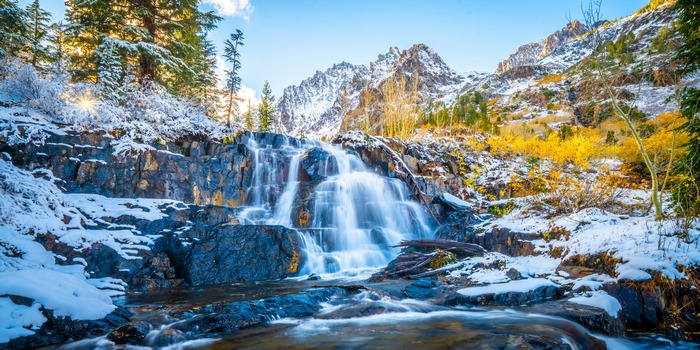 Waterfall in California Mountains with Snow and Autumn Colors