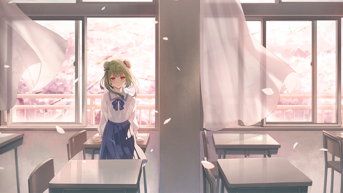 Hololive's Uruha Rushia in a classroom with cherry blossoms