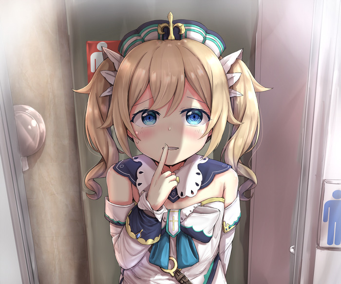 Barbara from Genshin Impact in a bathroom stall