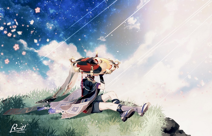 Scaramouche from Genshin Impact Relaxing Outdoors