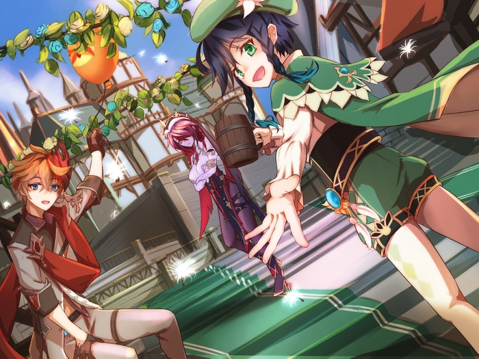 Tartaglia Childe and Venti with Rosaria in Genshin Impact