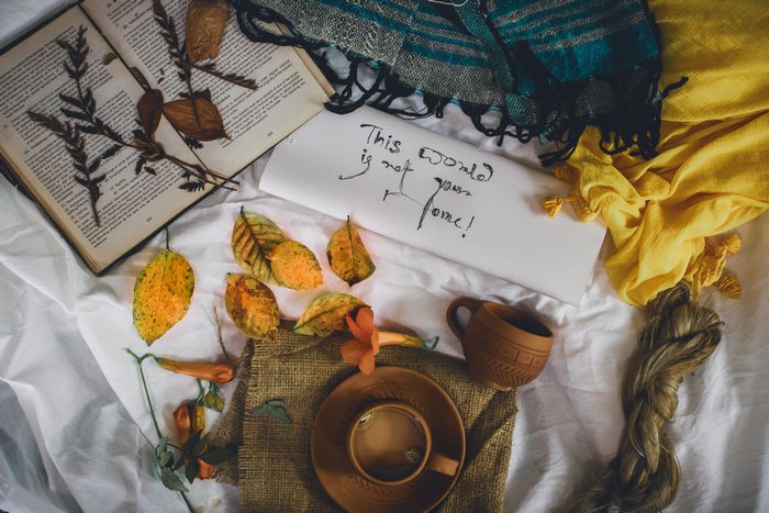 Still life with book, coffee, and autumn leaves