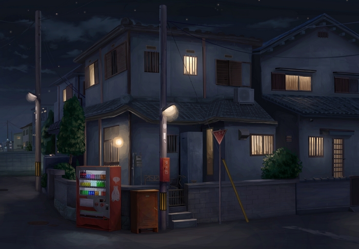Japanese street at night with houses and vending machine