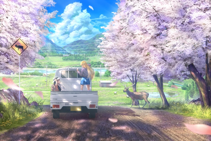Girls in a truck with deer and sakura trees