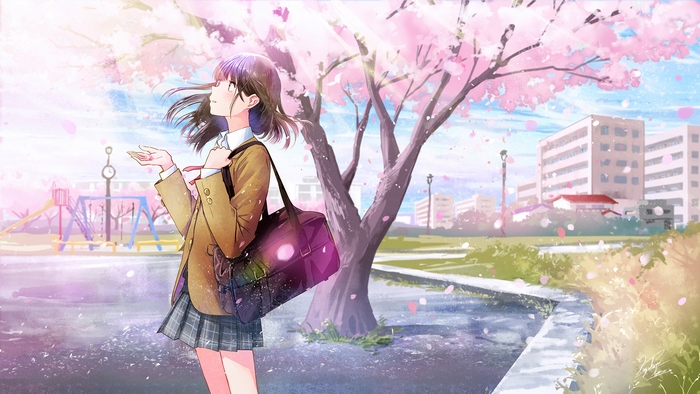 Girl in uniform under sakura tree