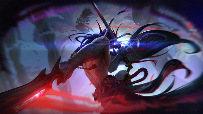 League of Legends character with swords