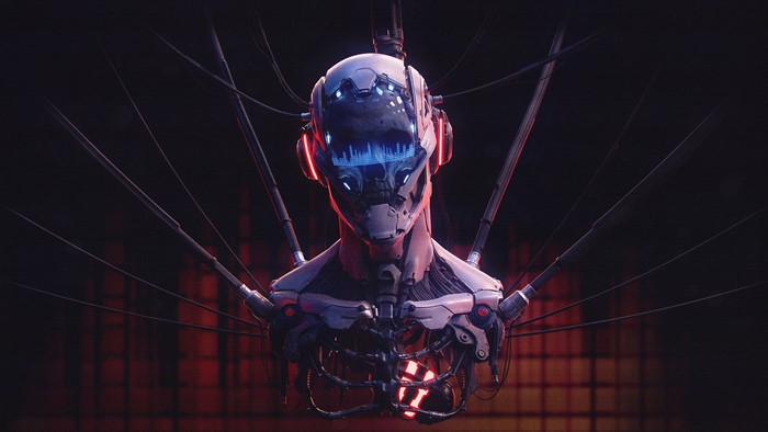 Cybernetic Skull with Wires and Red Lights
