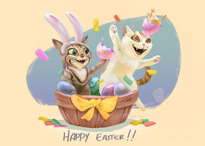 Two cats in a basket with Easter eggs and confetti