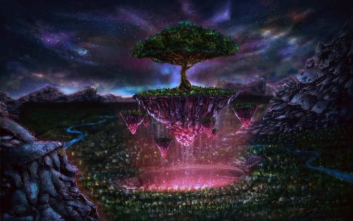 Fantasy Floating Islands with Tree and Galaxy Sky