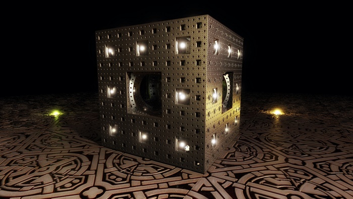 Abstract fractal cube with internal lights on patterned surface
