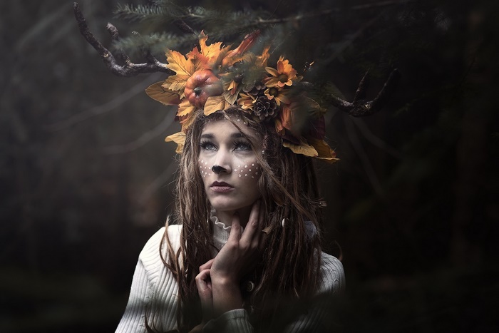 Woman with Antlers and Autumn Wreath