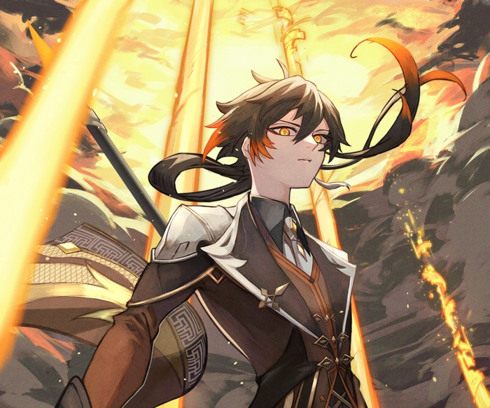 Zhongli from Genshin Impact with golden light