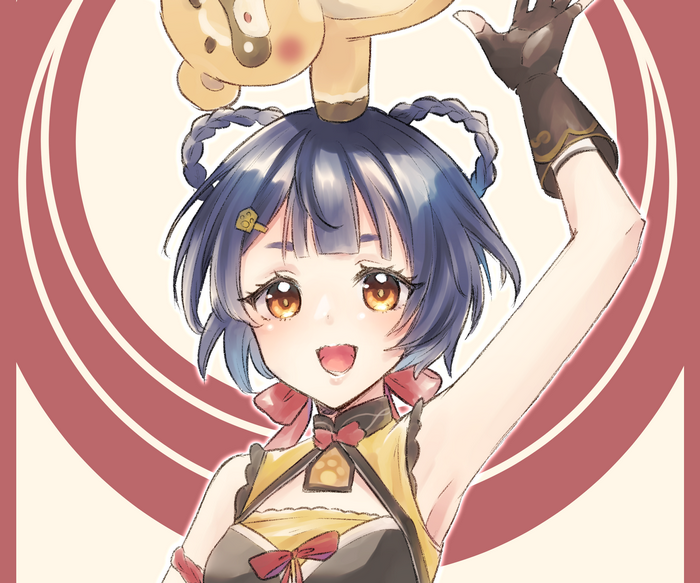 Xiangling from Genshin Impact with a plush toy