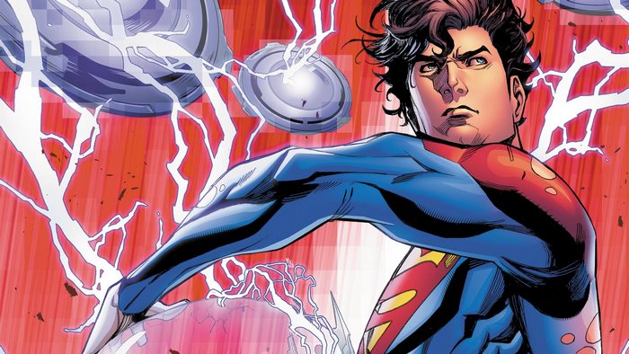 Jon Kent as Superman with lightning effects