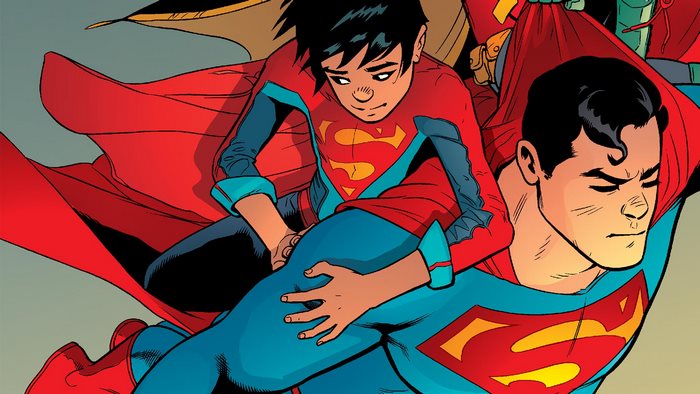 Superman and Superboy flying