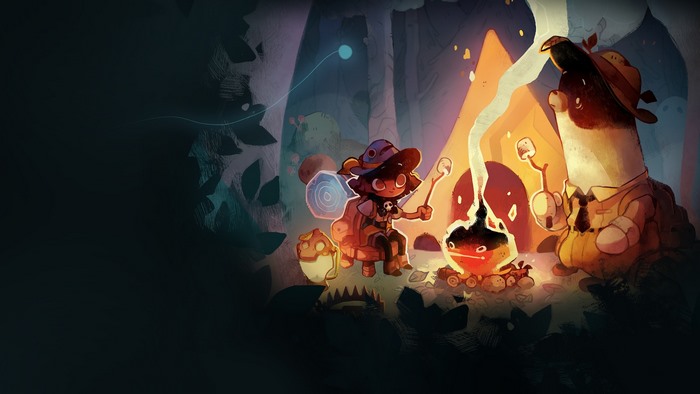 Cozy Grove characters by a campfire