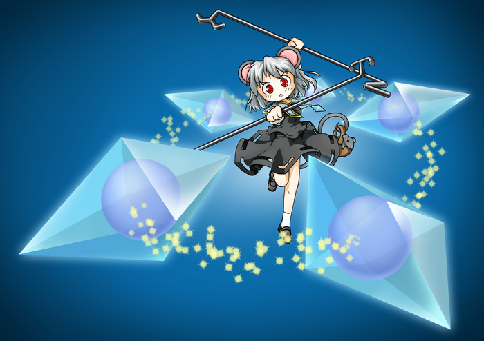 Nazrin from Touhou holding a weapon with geometric shapes