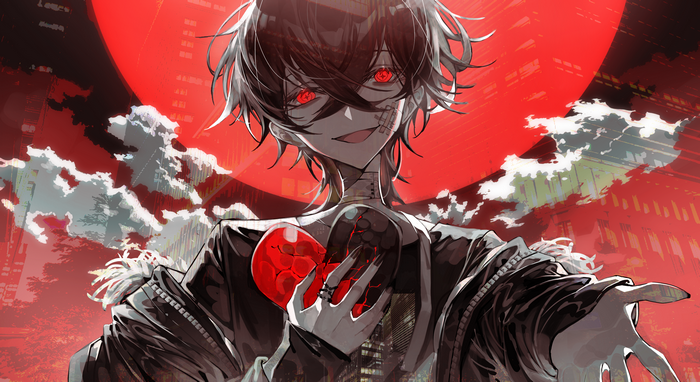 Boy with broken heart and red moon