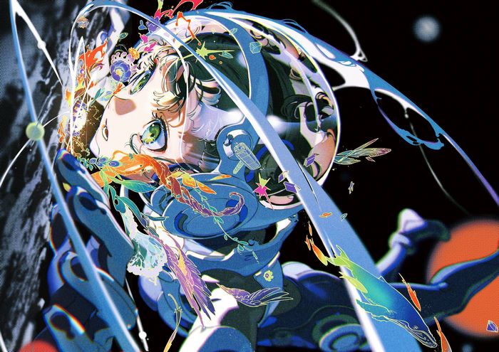 Girl in a futuristic suit with colorful elements