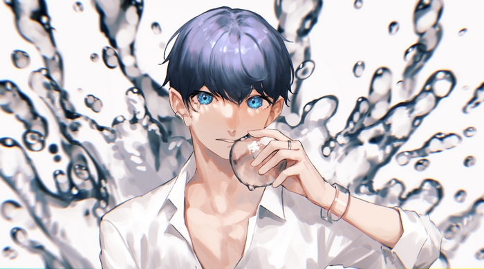 Anime Boy with Blue Eyes and Water Splashes