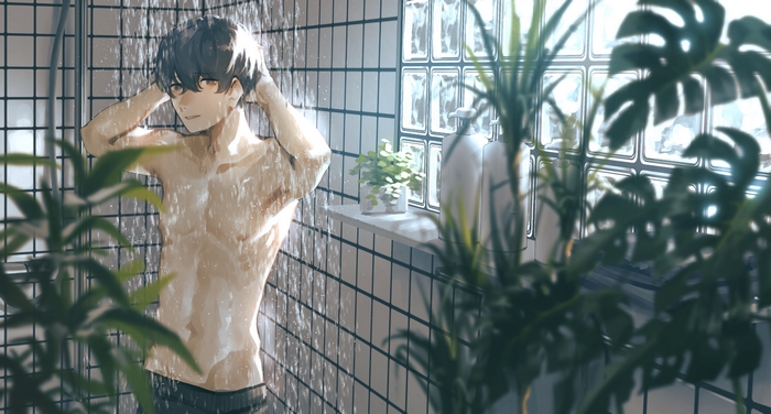 Boy showering in a bathroom with plants