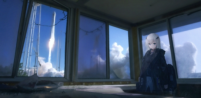Girl with white hair watches a rocket launch