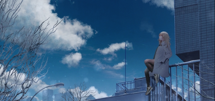 Girl sitting on a balcony with city skyline
