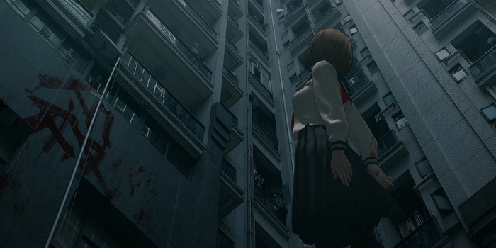 Girl in a school uniform in front of a building